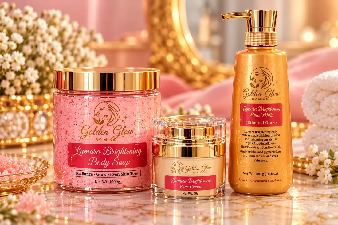 Lumora Brightening body soap, face cream and skin milk